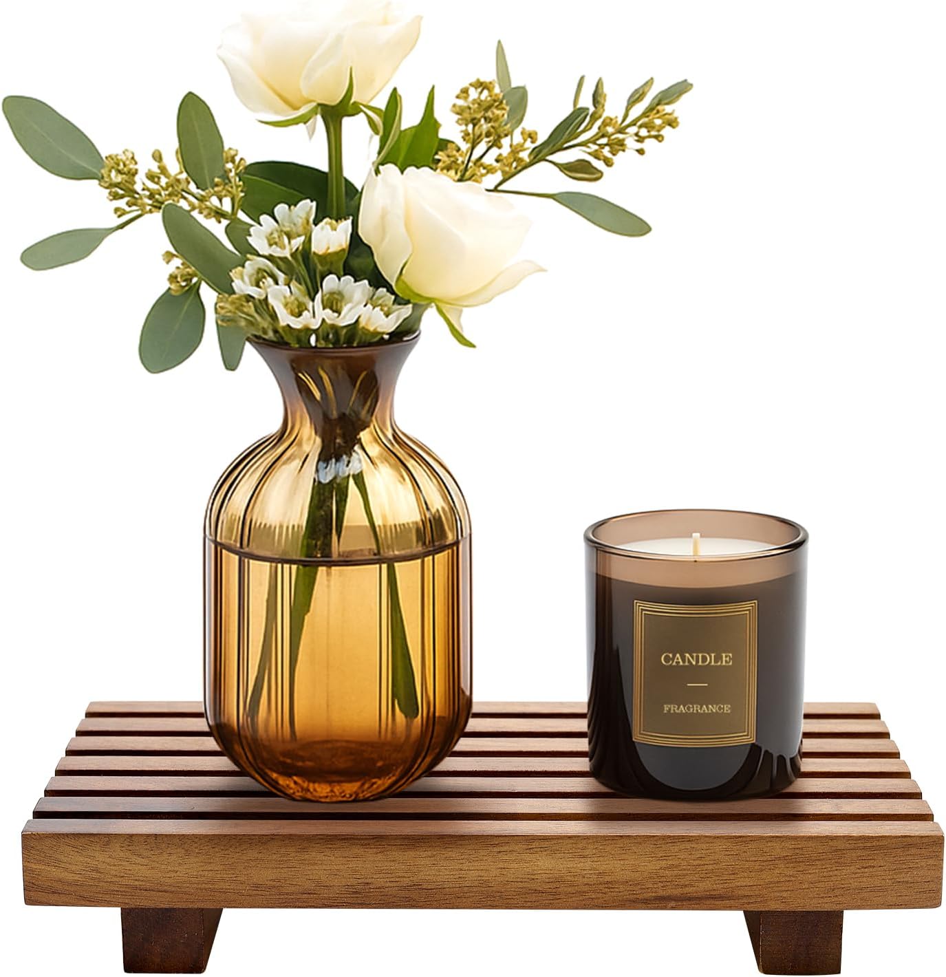Acacia Wood Riser Tray for Bathroom Counter and Soap Dish Display