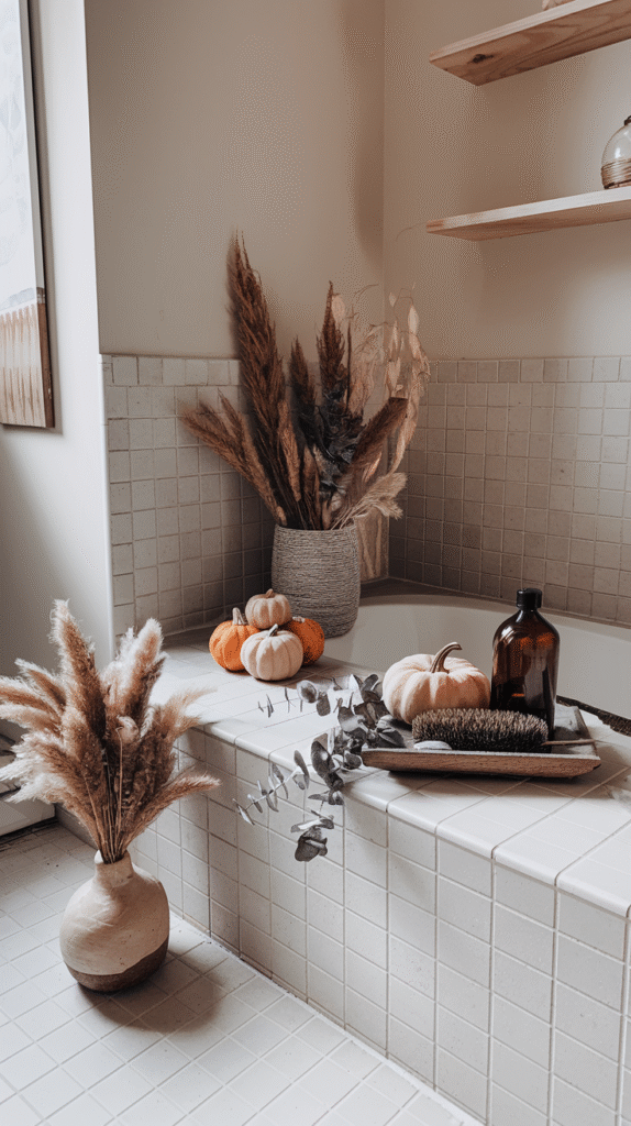 Natural decor elements softening the bathroom's hard surfaces