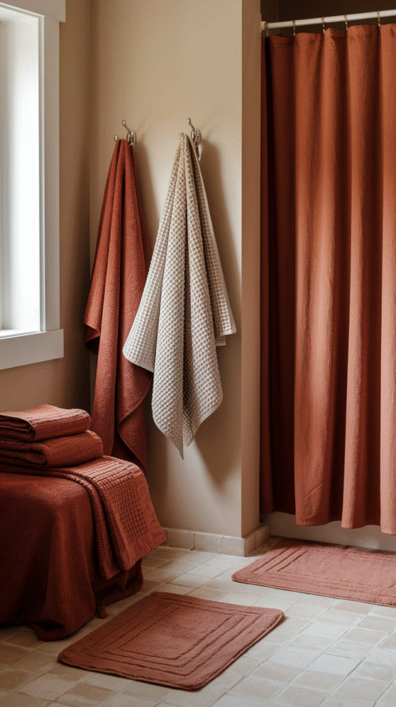 Warm, earthy textiles bringing cozy fall tones to the bathroom