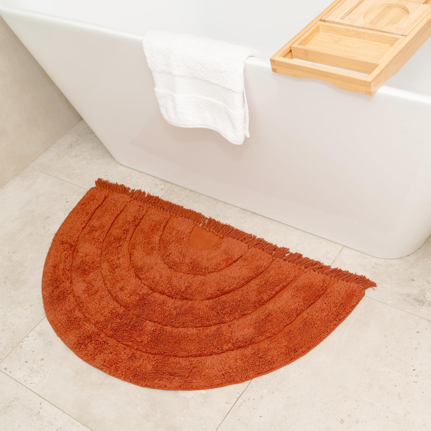 BIEN BEAU Boho Half Moon Cotton Bath Rug, Non-Slip, Rust