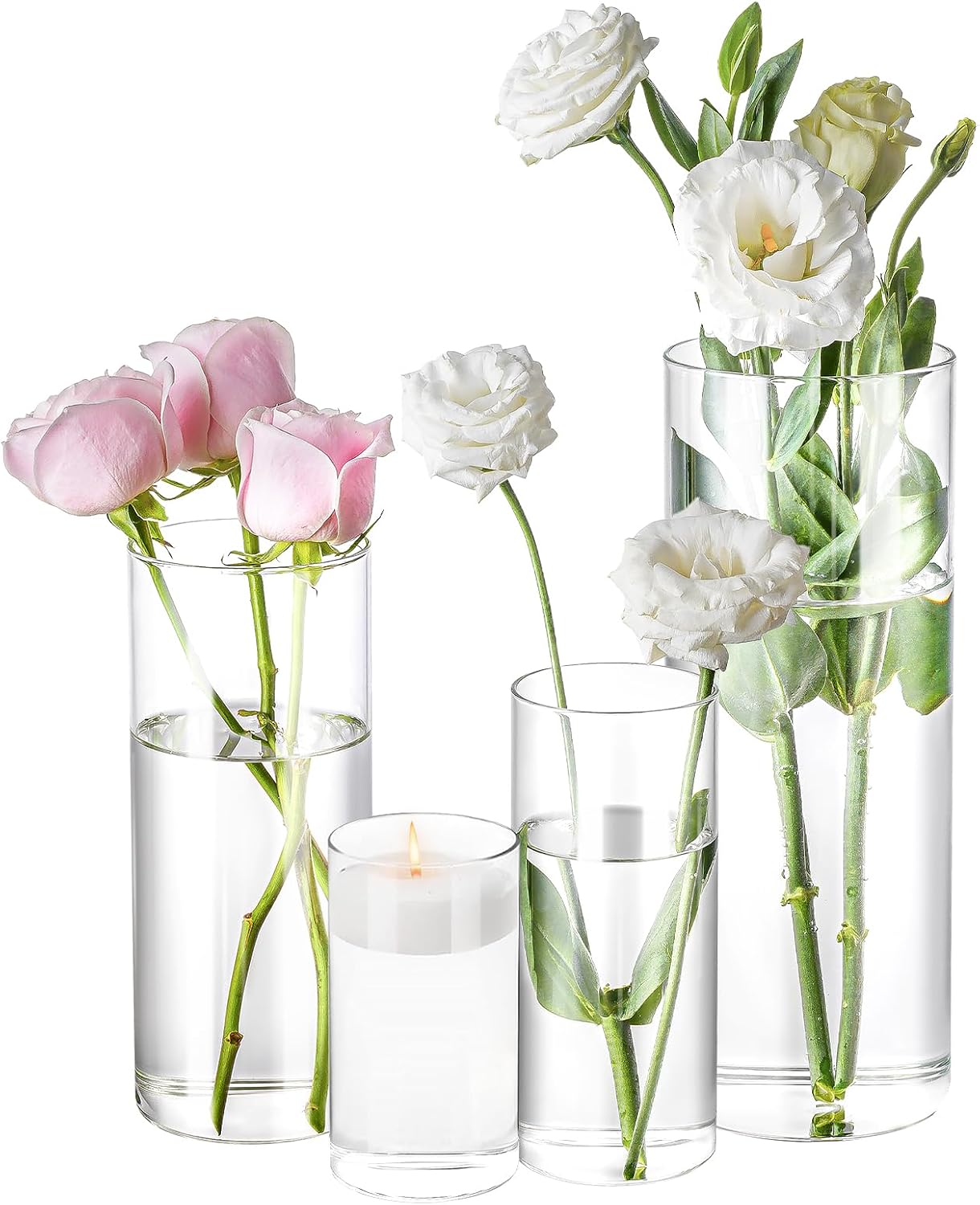 Homjoy 4 Pack Glass Cylinder Vases, 4, 6, 8 and 10 Inch, Hurricane Candle Holders