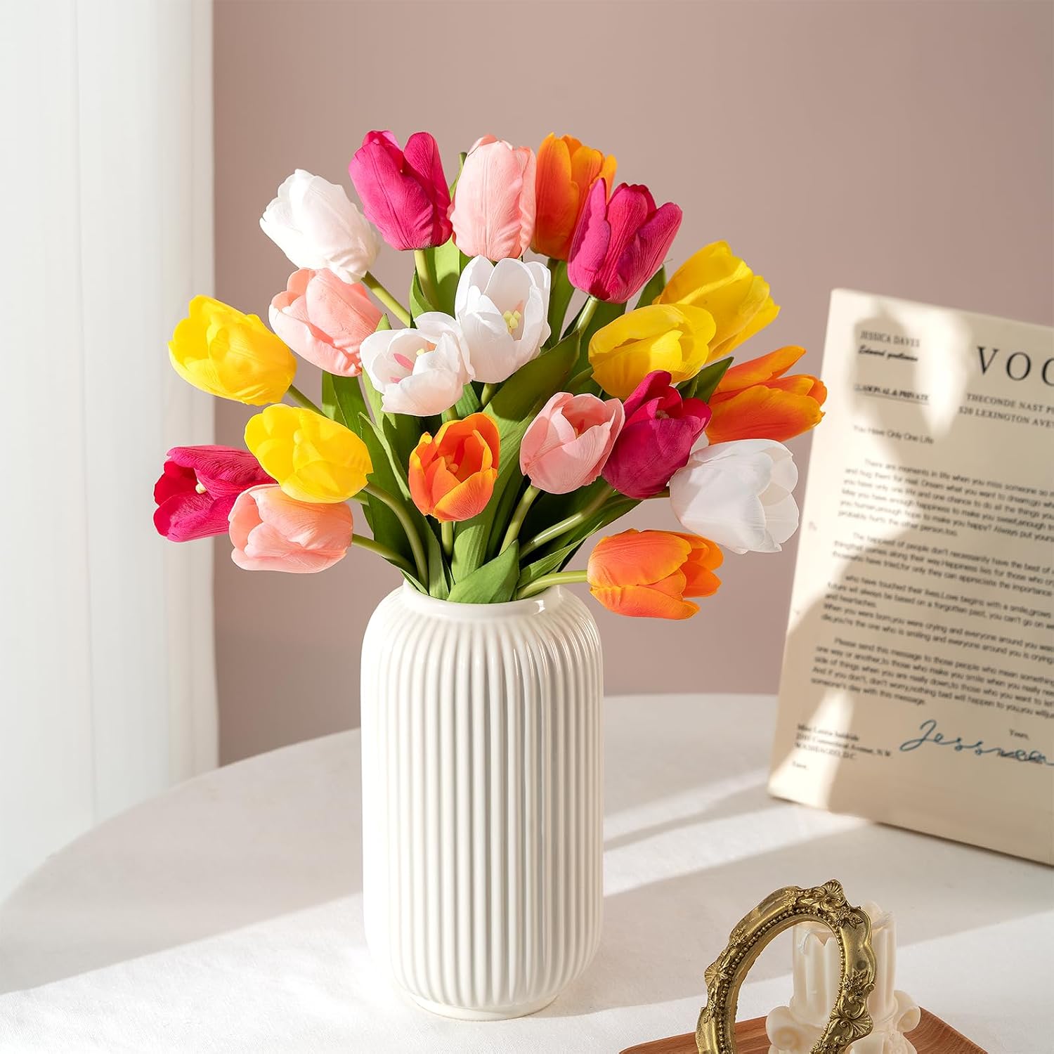 Real Touch Artificial Tulips, 20 Stems, Premium Silk Feel, UV-Resistant