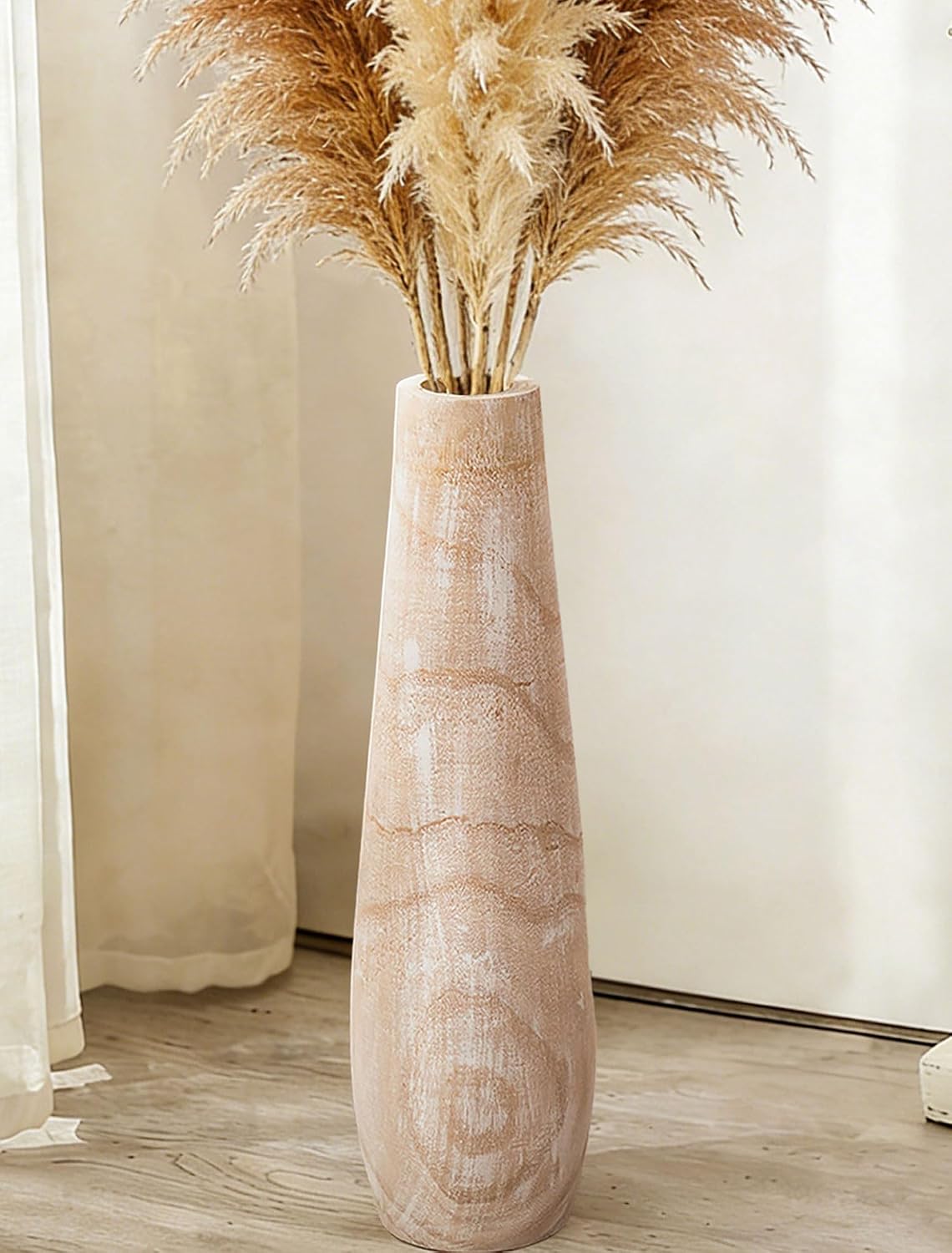 Hanobe Tall Wood Floor Vase for Pampas Grass, 22 Inch, Boho Beige