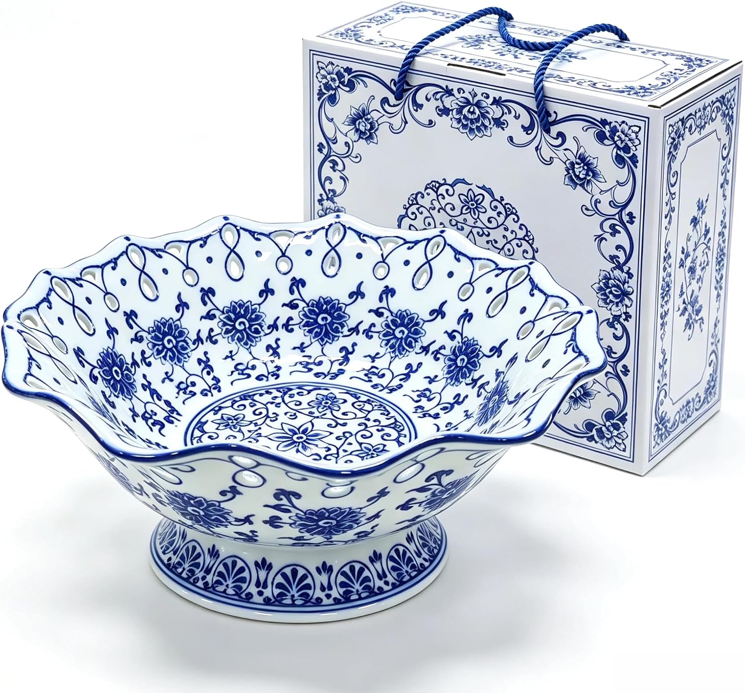 11.5 Inch Large Vintage Blue and White Ceramic Pedestal Fruit Bowl