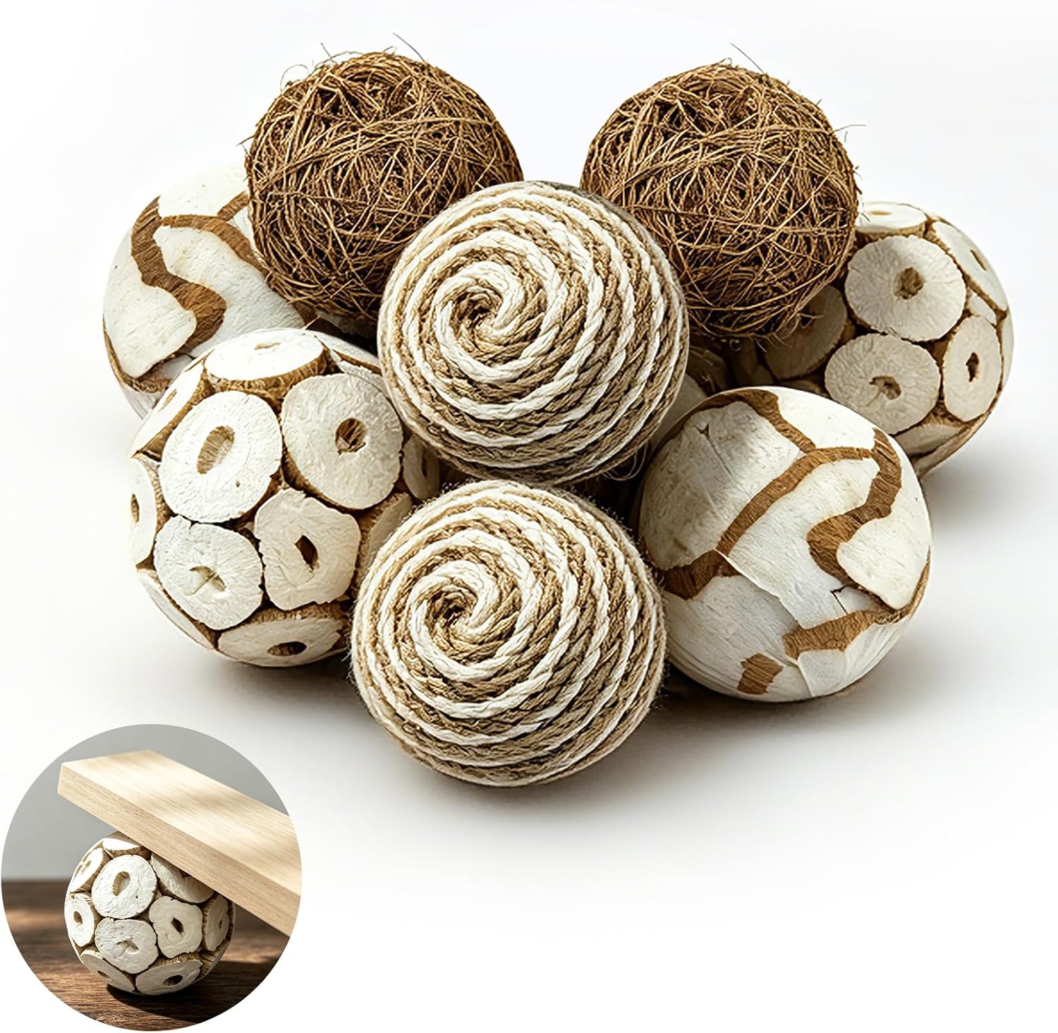 8 Piece Natural Handmade Decorative Balls, 2.36 Inch Bowl Filler Orbs