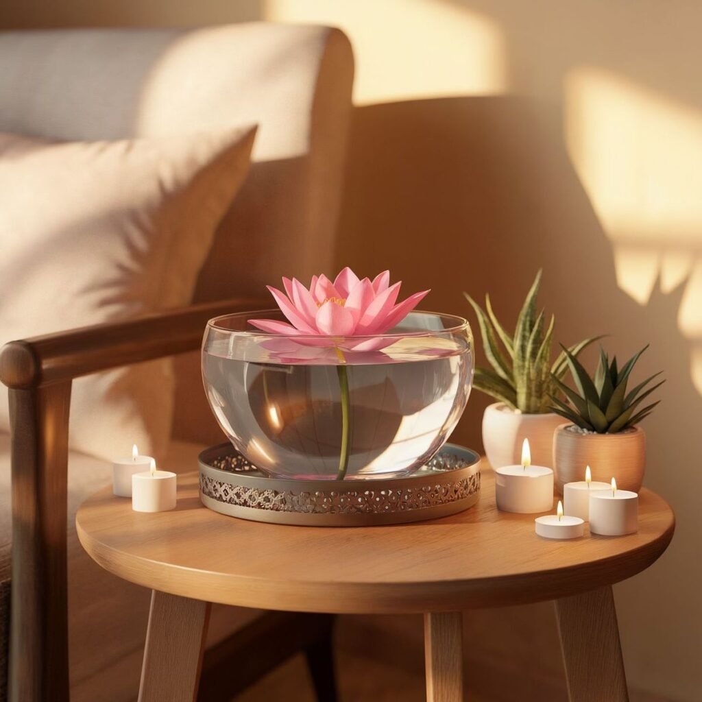 Shallow glass bowl with floating flowers and candles as a centerpiece