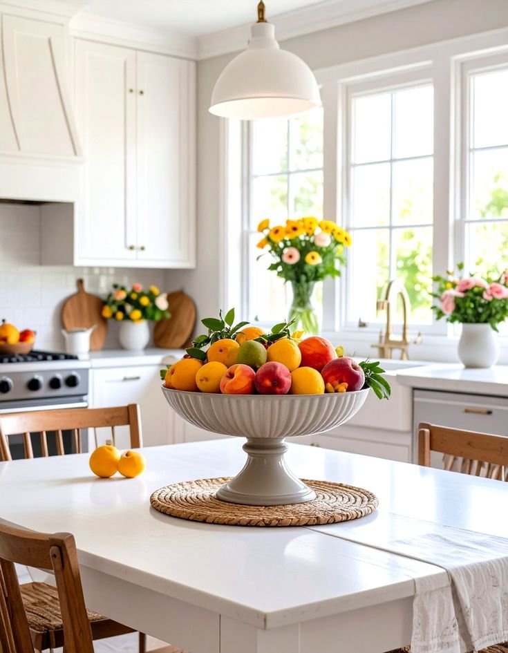 Fruit and floral combination centerpiece with lemons around a low flower arrangement