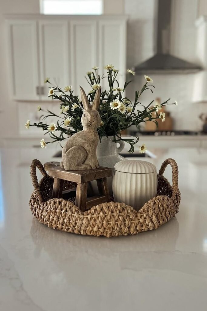 Spring centerpiece styled with pastel flowers and natural textures