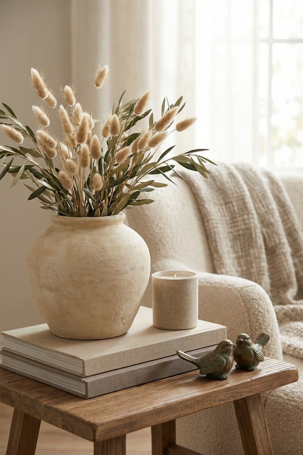 Stack of pastel books topped with a small vase as a centerpiece