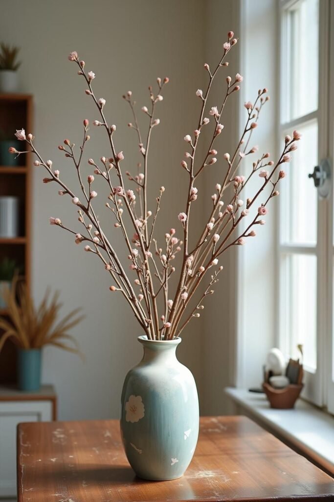Single flowering branch arrangement as a minimalist centerpiece