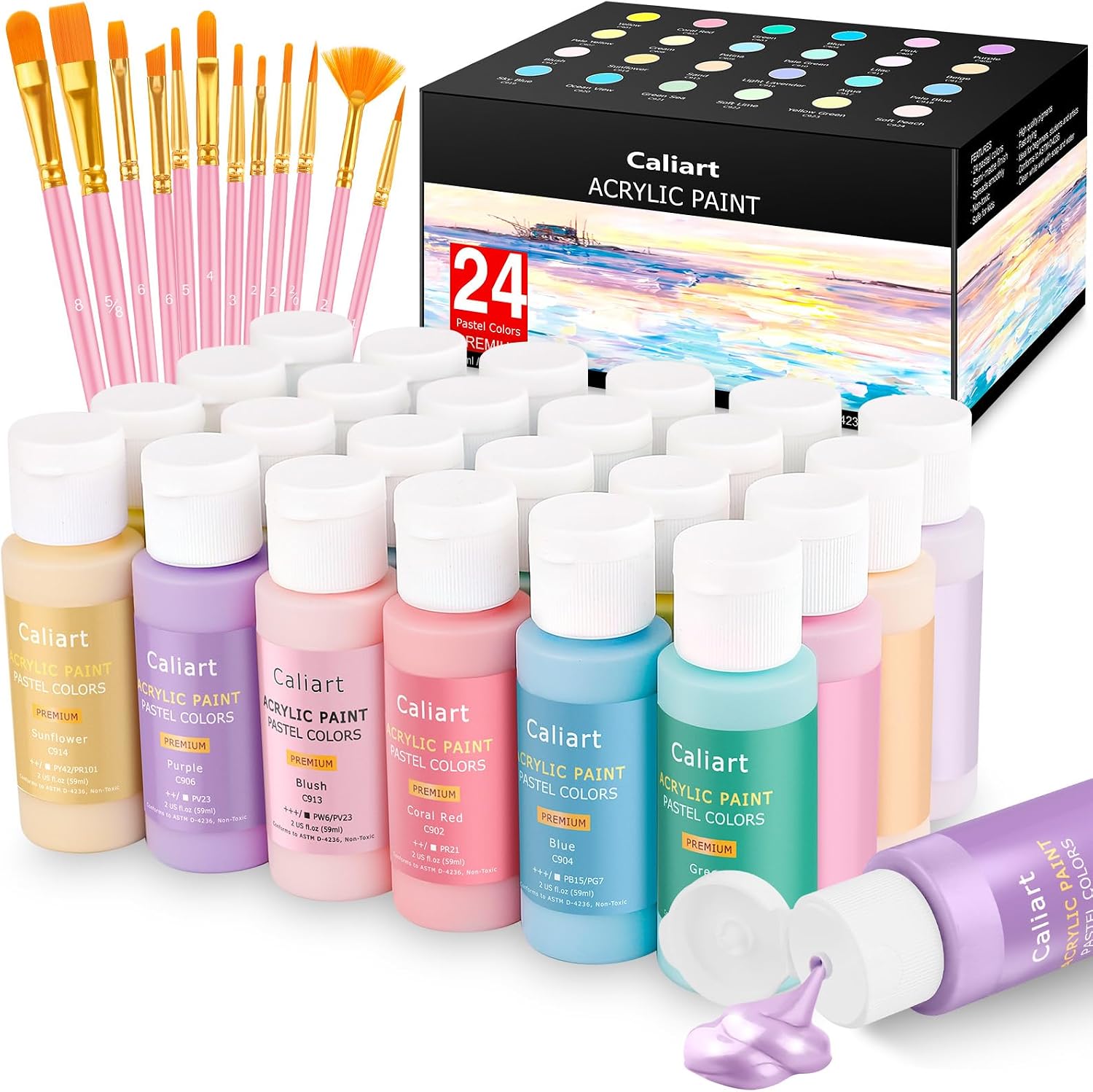 Caliart Pastel Acrylic Paint Set, 24 Colors, with 12 Brushes