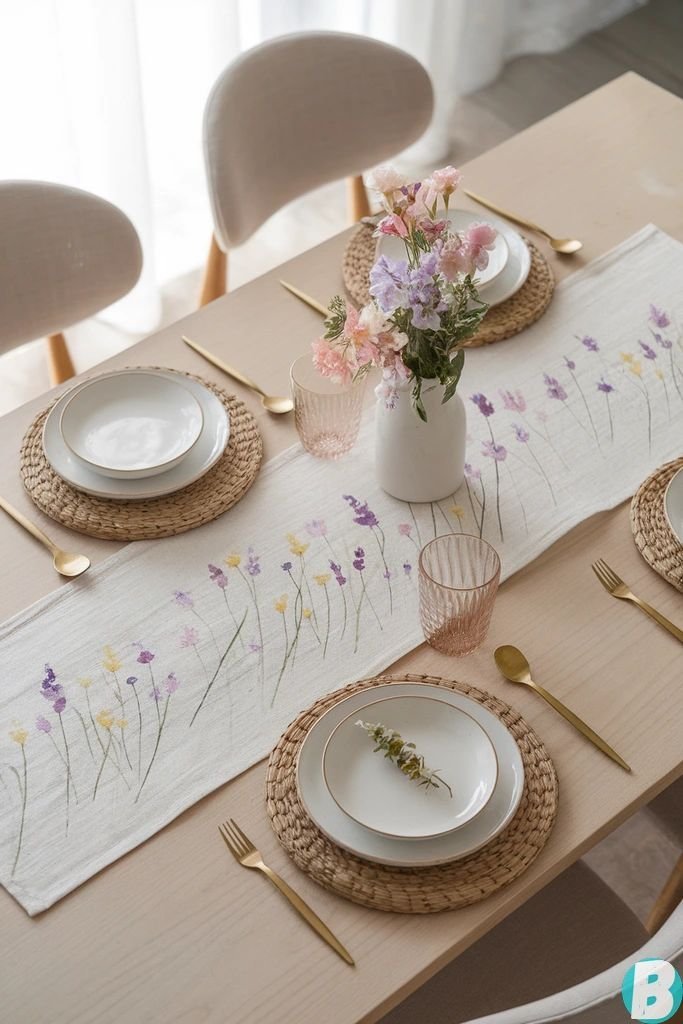 Patchwork fabric scrap table runner in soft sage, blush and cream tones