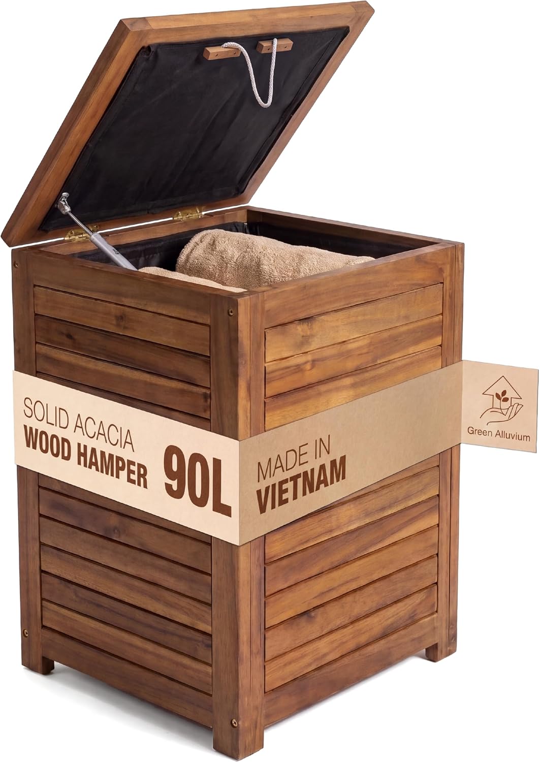 Acacia Wood Laundry Hamper with Lid and Handles, 90L, Brown