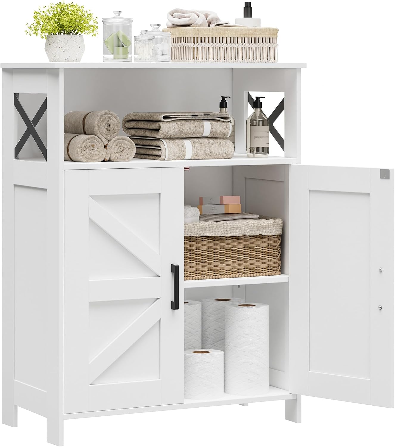 Homhedy Farmhouse Bathroom Storage Floor Cabinet with Doors, White