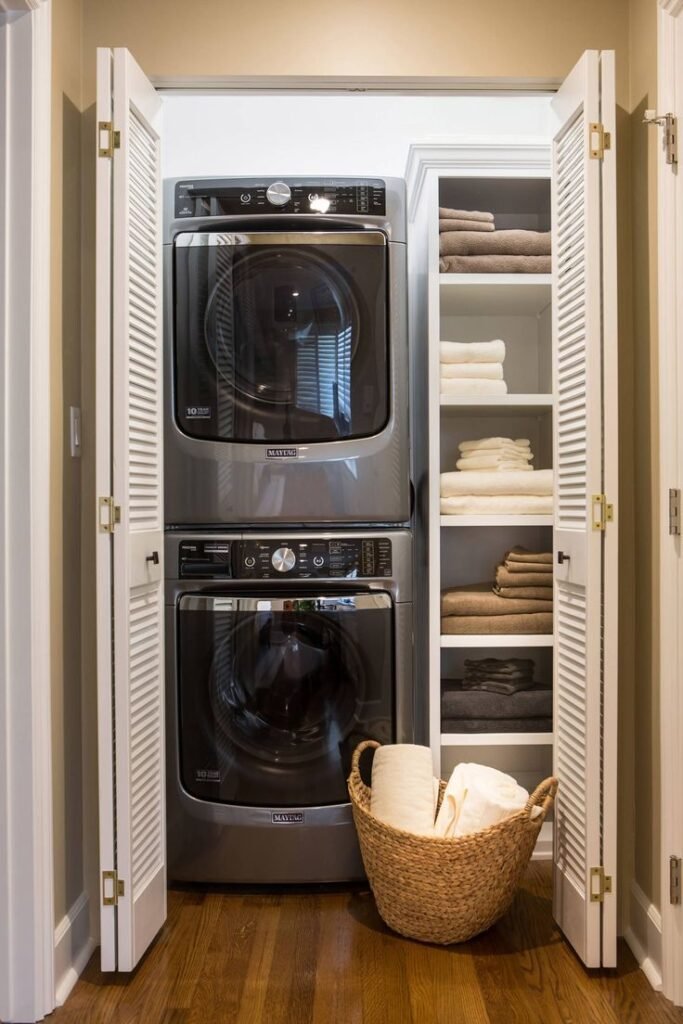Closet-style stacked washer and dryer with sliding doors