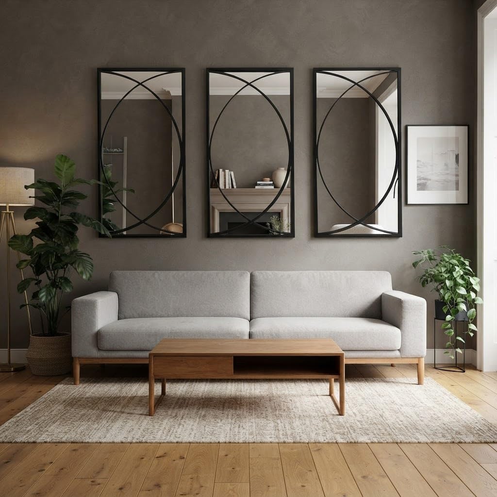 Black Metal Framed Rectangular Wall Mirror Set of 3