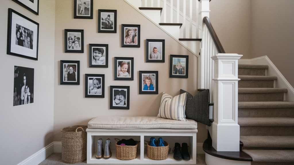 A family photo timeline running chronologically up the staircase