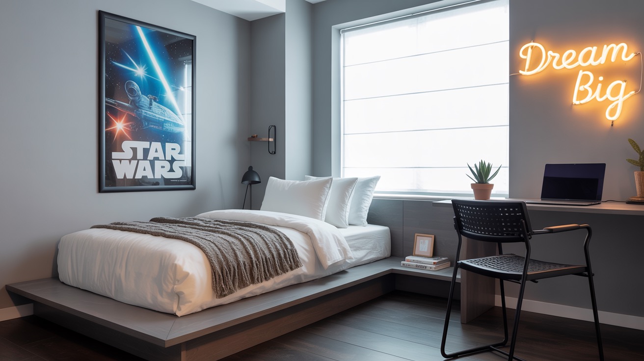 Stylish teen boy bedroom with a bold accent wall and modern furniture