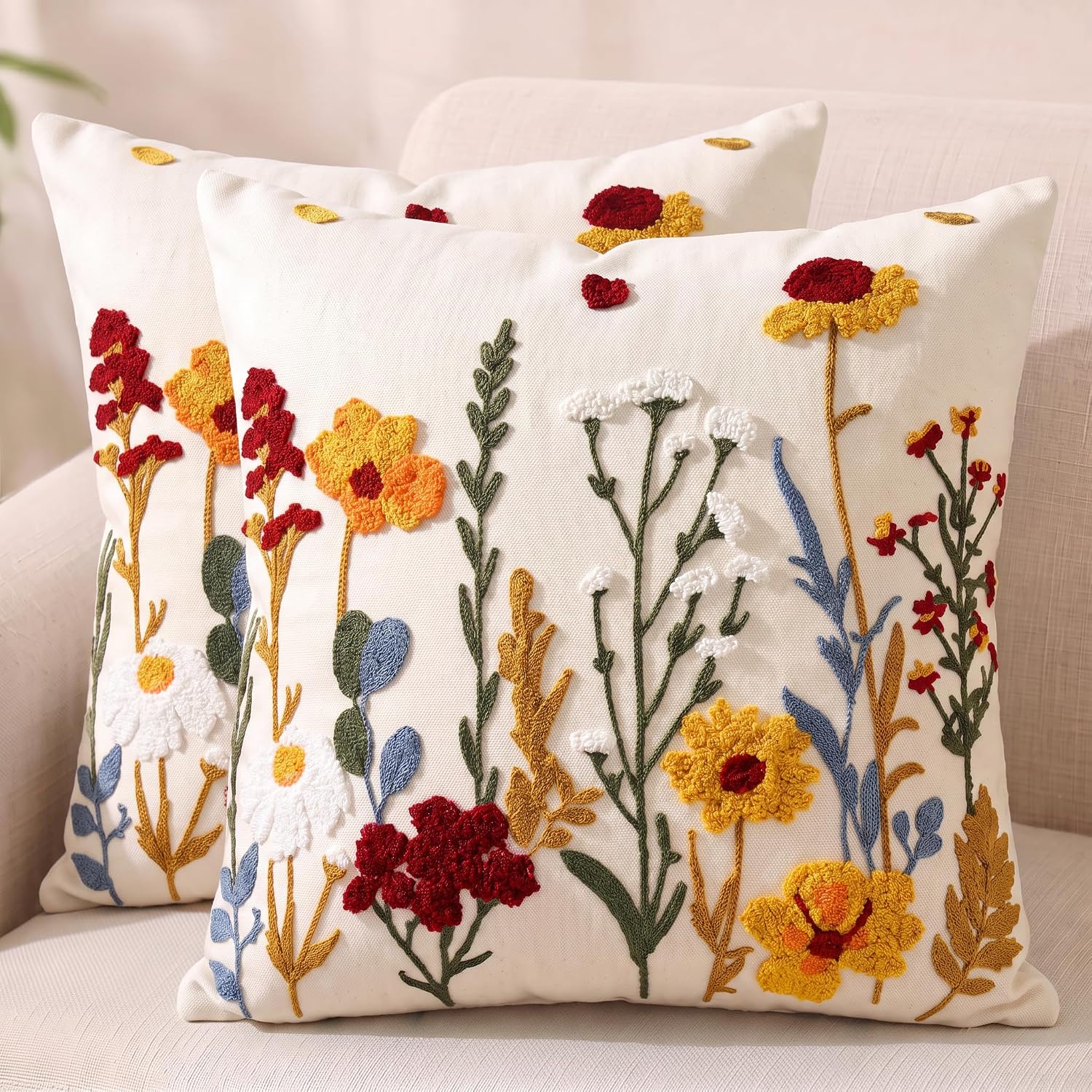 AVOIN Pastel Poppy Flowers Embroidered Throw Pillow Covers, 18 x 18 Inch