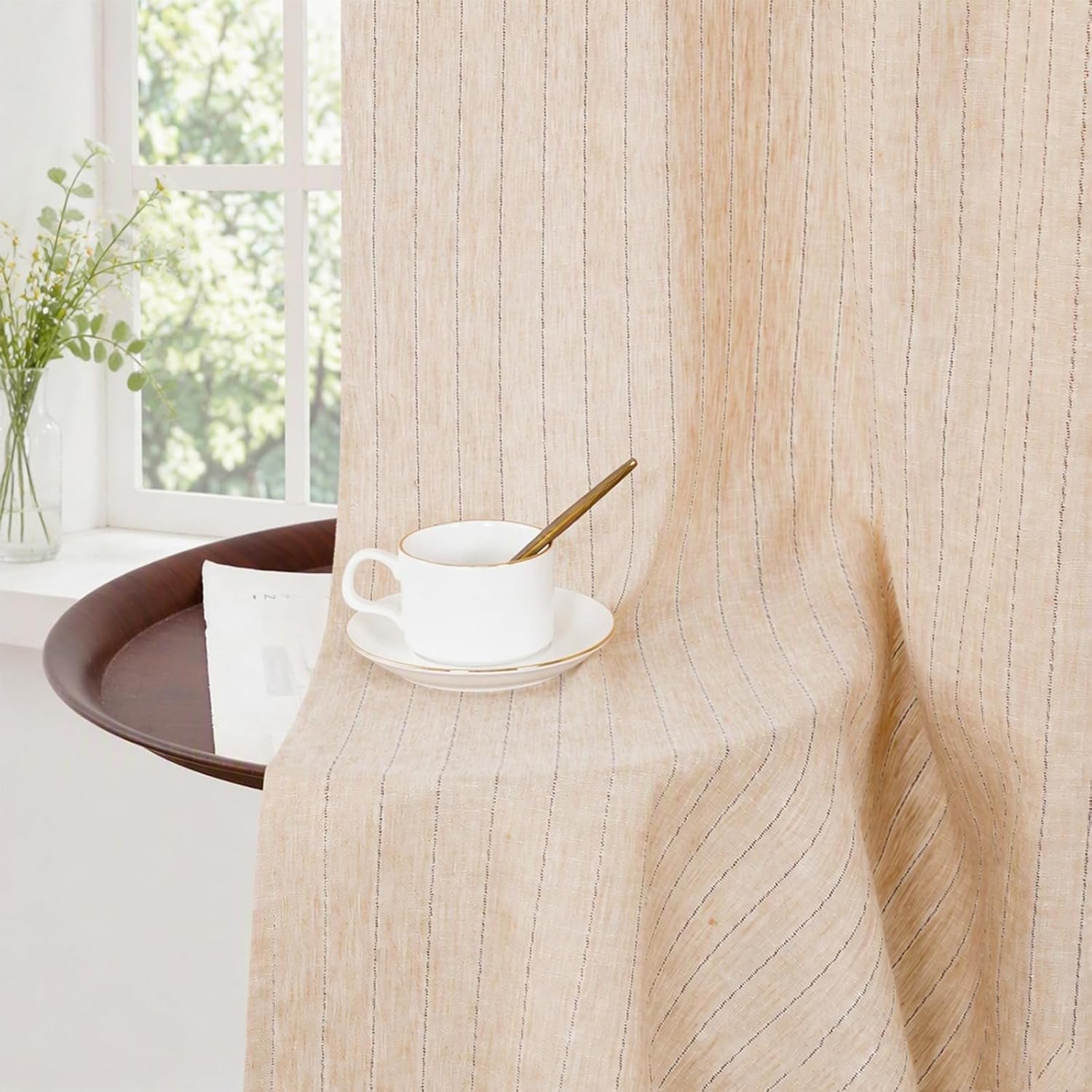 100% Linen Flax Striped Window Curtain Panel with Rod Pocket, 52 x 84 Inch