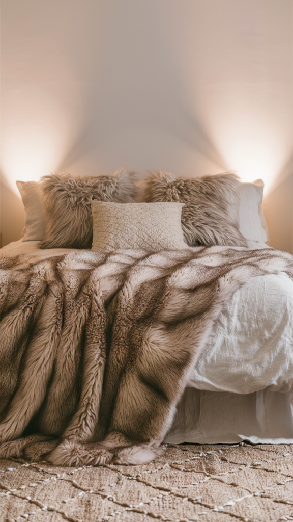 Faux fur throw adding cozy texture to a warm bedroom