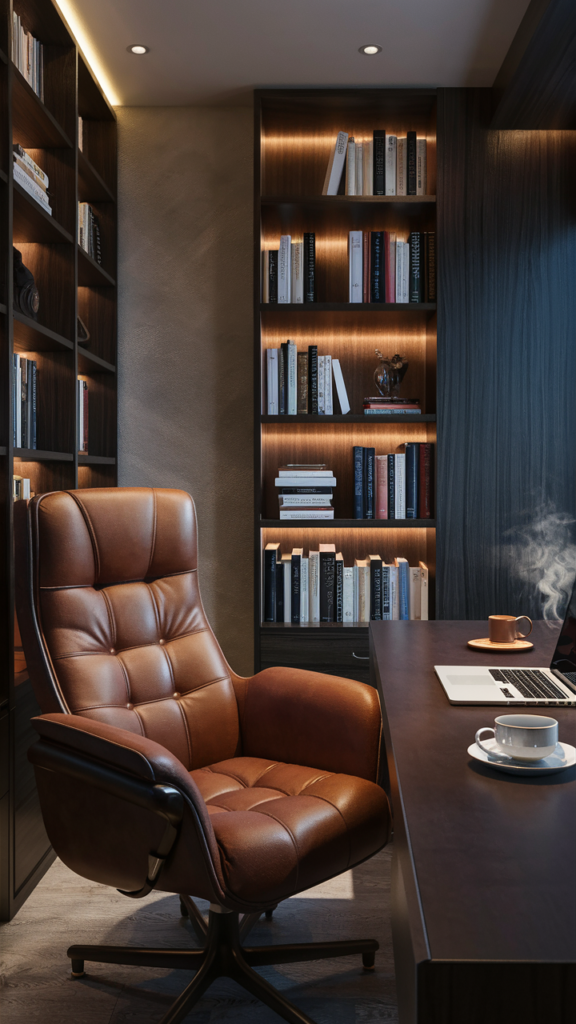 Leather accent furniture adding grown-up texture to a cozy study