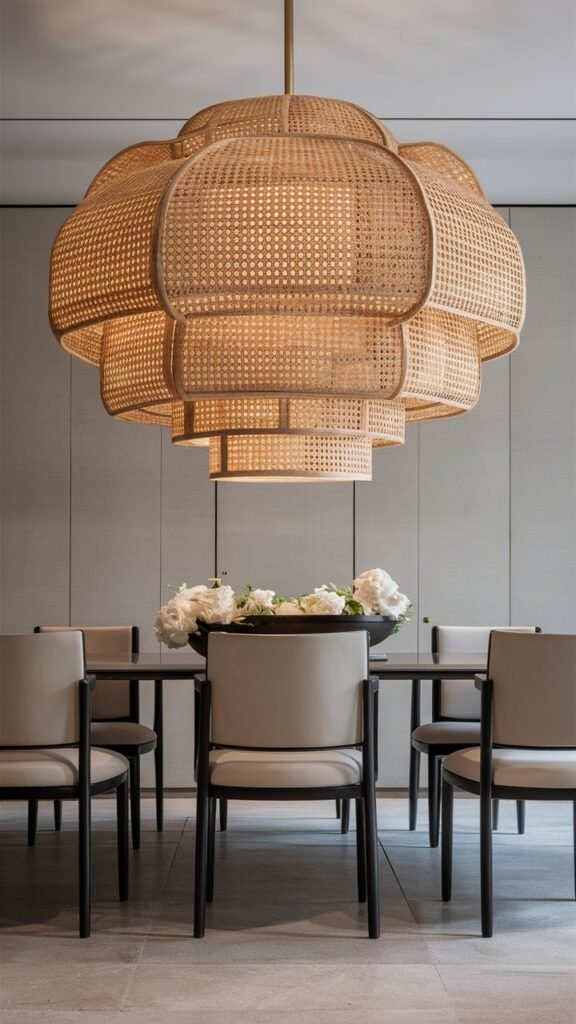 Sculptural textured light fixtures in a sophisticated dining area