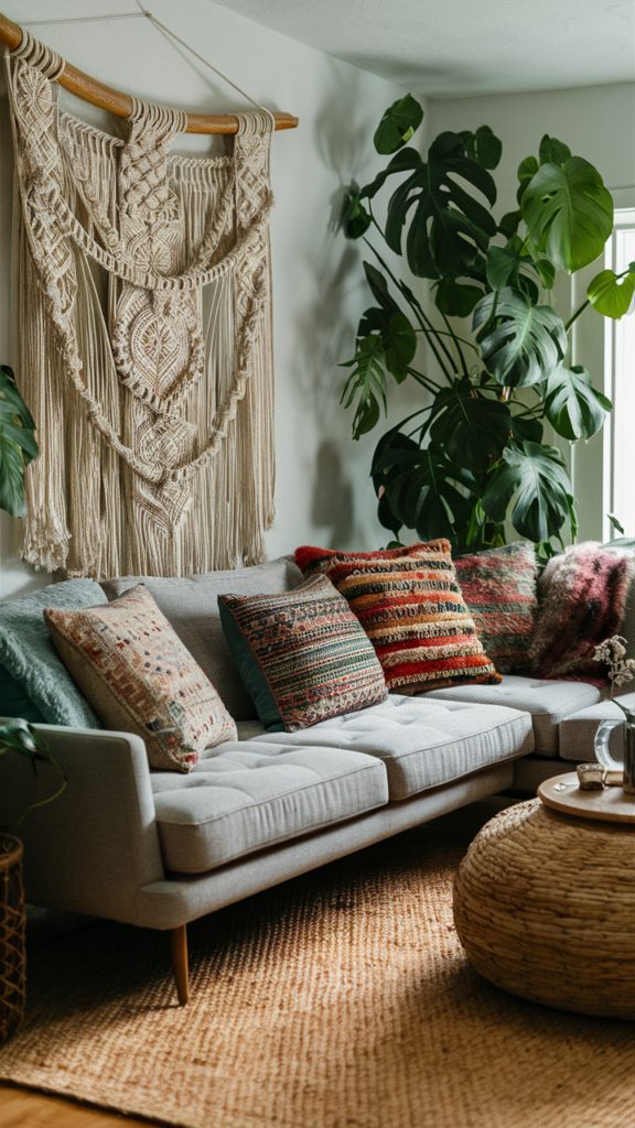 Macrame wall hanging adding boho texture to an eclectic living room