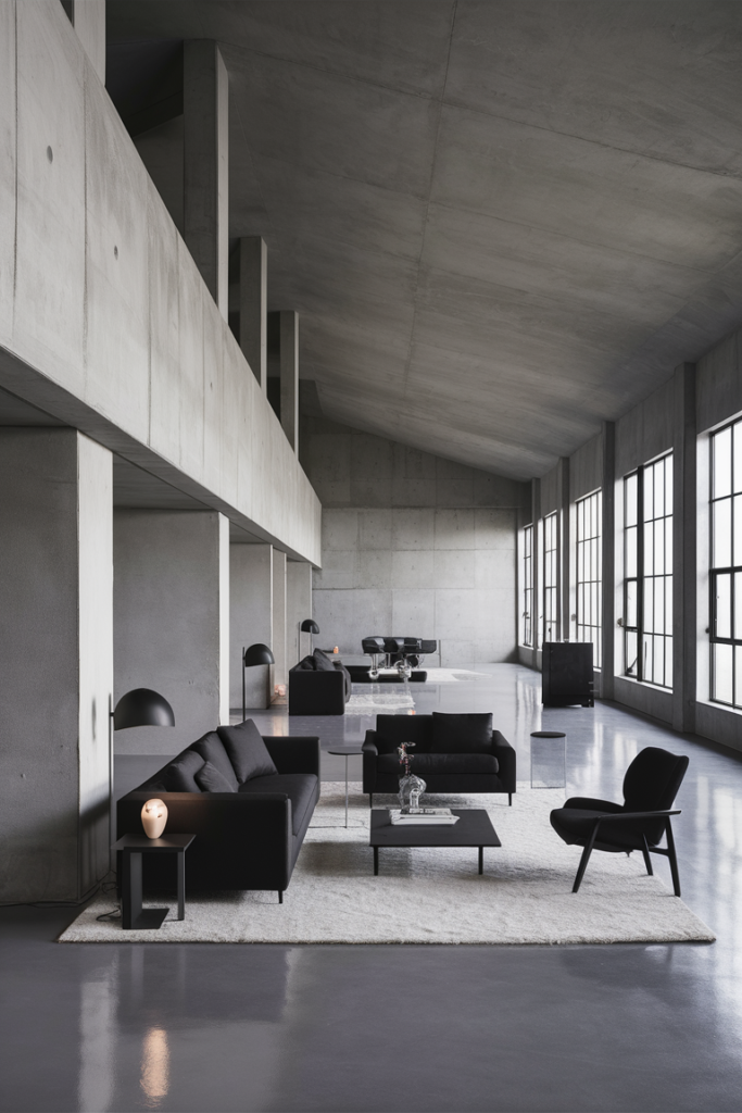 Concrete finish accent wall in a minimalist loft space