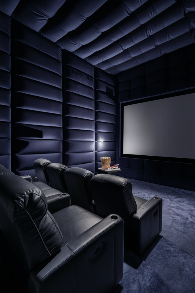 Fabric-covered accent wall in a luxurious dark home theater
