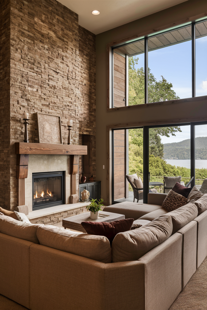 Faux stone accent wall panels in a luxurious living room