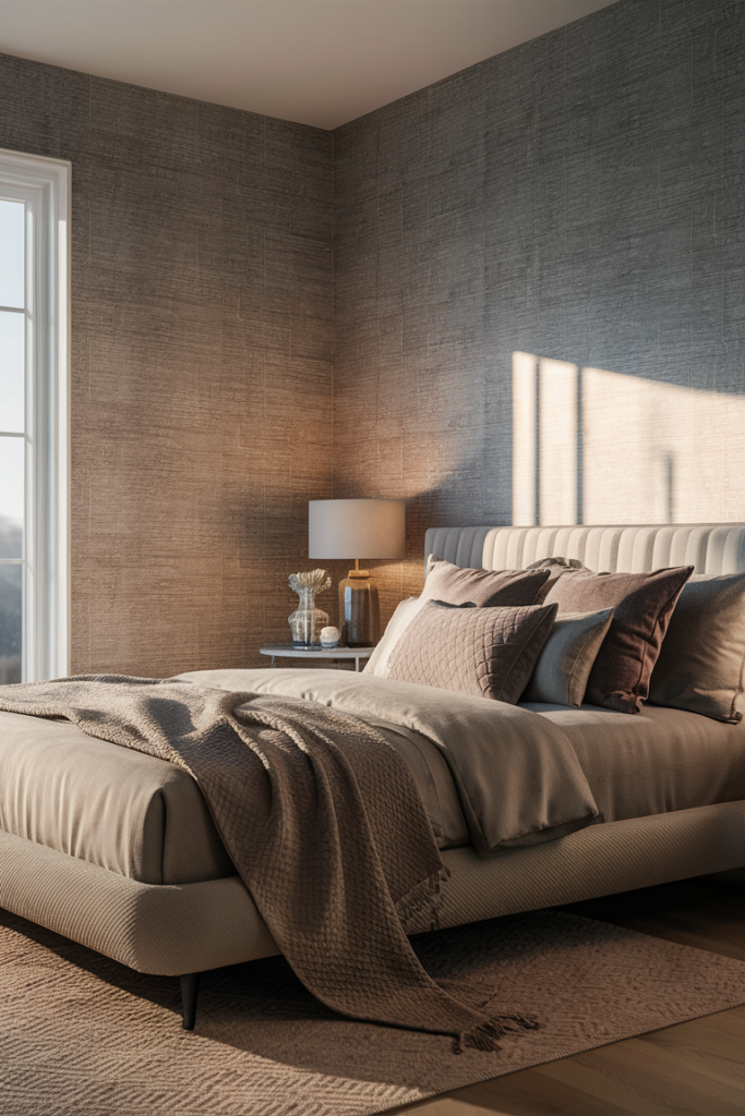 Textured wallpaper accent wall in a luxurious bedroom