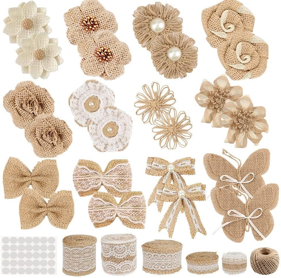 30 Pcs Burlap Hessian Flowers Set with 24 Burlap Flowers, Bowknots and Lace Ribbon Rolls