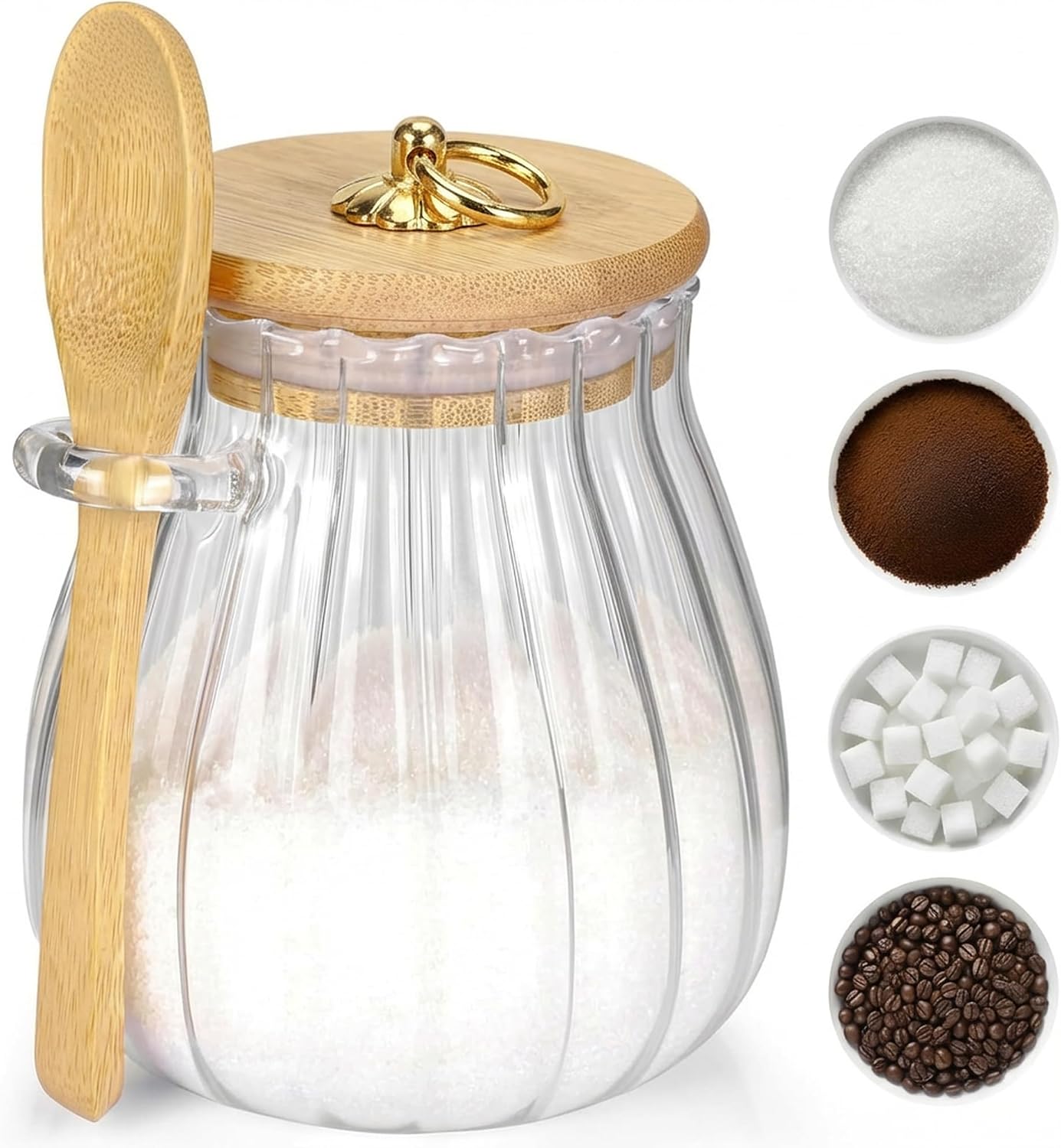 Sugar Container with Bamboo Lid and Spoon, 15 oz Glass Sugar Bowl Jar