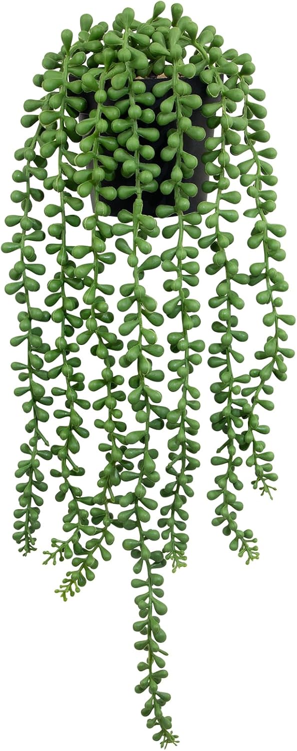LOYWREE Artificial String of Pearls Plant in Black Pot, Faux Hanging Succulent