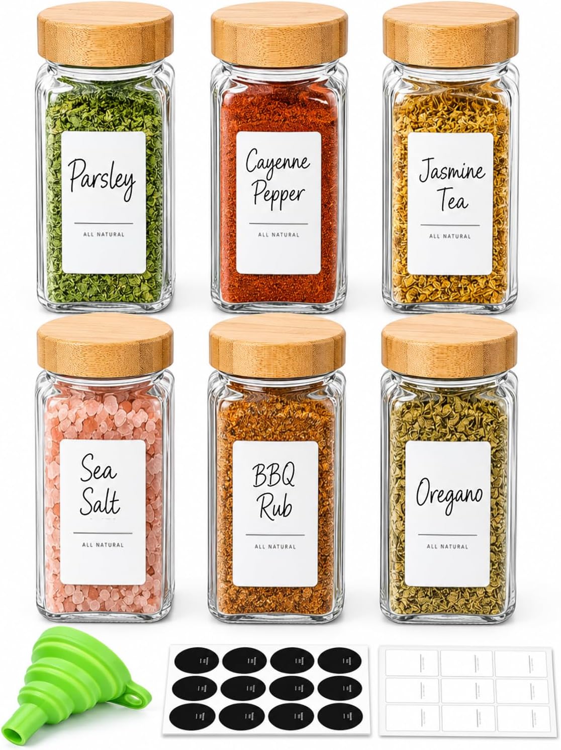 ComSaf Glass Spice Jars with Labels, 4 oz, 6 Pack, Small Bamboo Lids