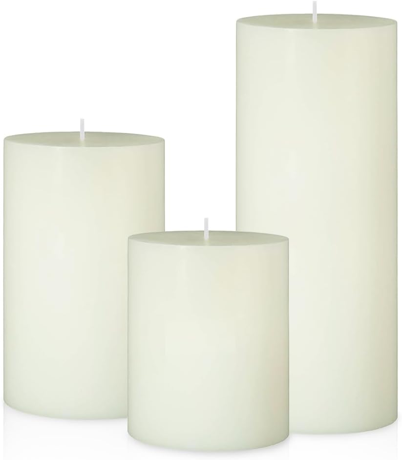 Set of 3 Different Size Ivory Pillar Candles, Unscented, Dripless
