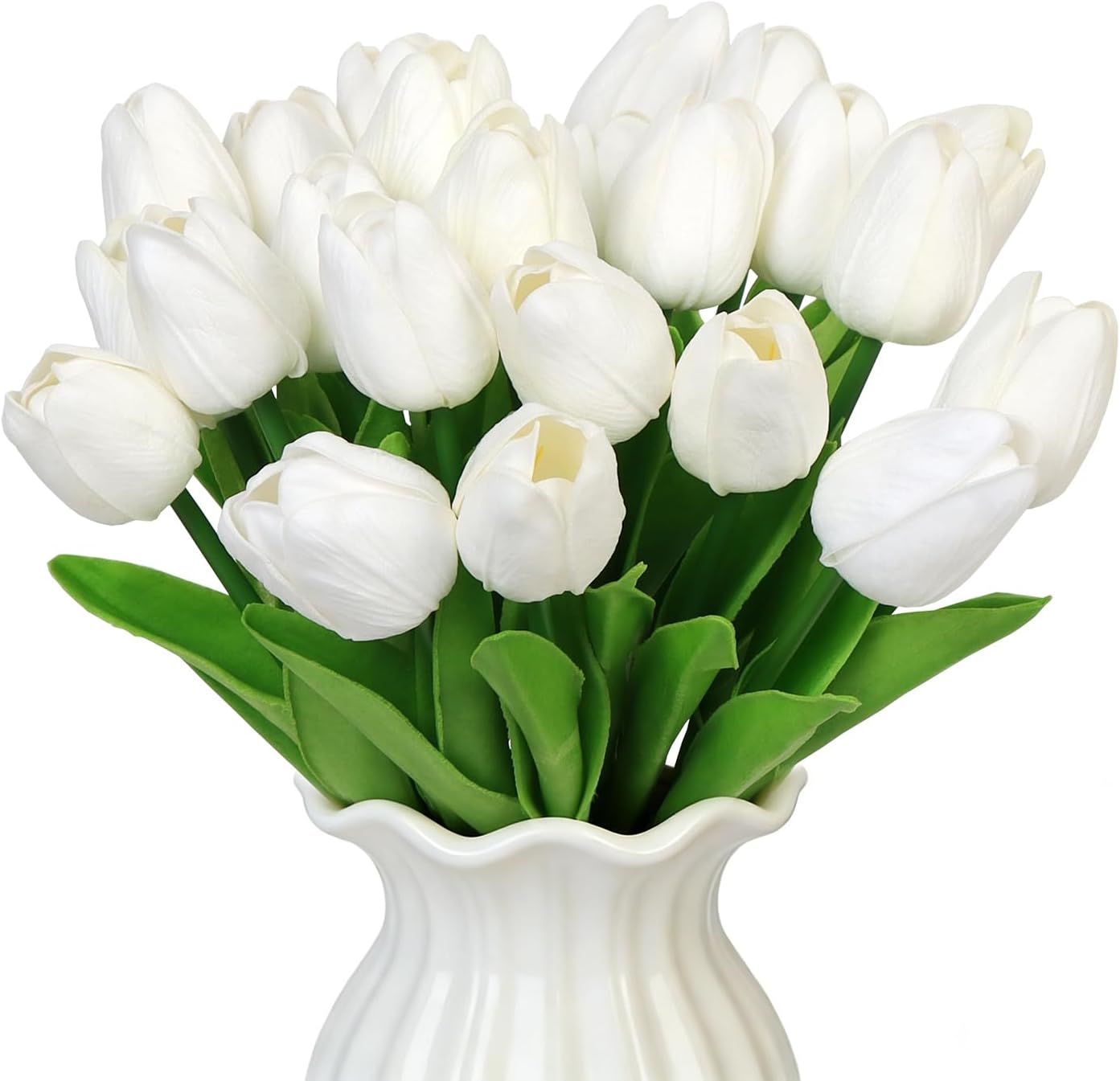 25 Pcs White Tulips Artificial Flowers, Real Touch Fake Tulips Bouquet