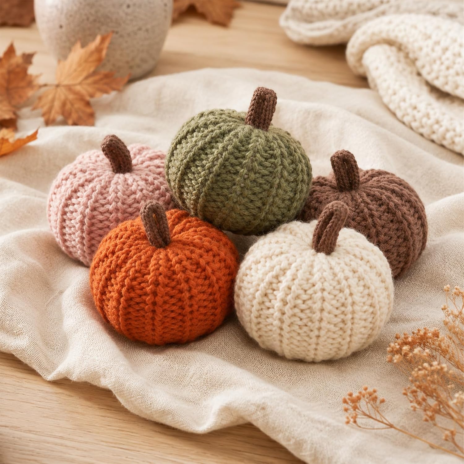 RAINFLOW Mini Knitted Pumpkin Cozy, Set of 5 Knit Pumpkins for Fall Decor