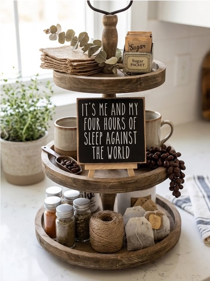 Three-tier wood tray styled with a whisk, sugar packets, spice jars, twine and tea bags for a baking and pantry theme