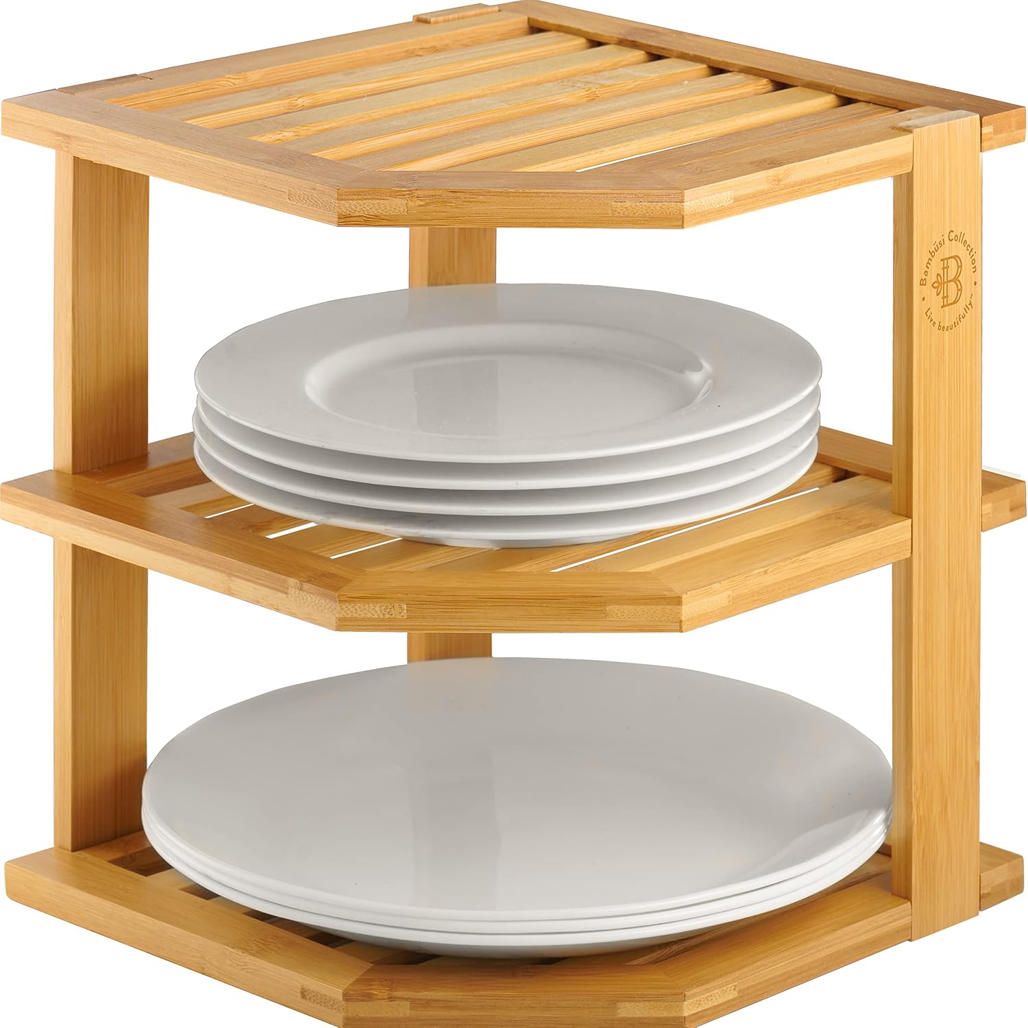 Bambusi 3-Tier Bamboo Corner Shelf, Kitchen Cabinet Organizer