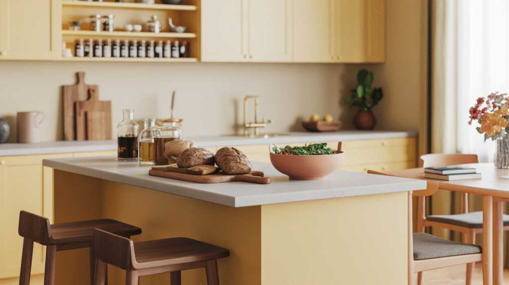 Pale yellow kitchen with a peninsula counter extending toward a wood dining table, styled with bread, a salad bowl and bar stools