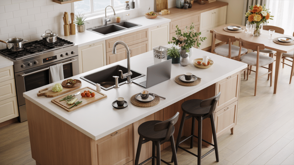 Large open kitchen divided into a prep island zone with laptop and cutting board, a cooking zone with range and sink, and a separate dining table zone