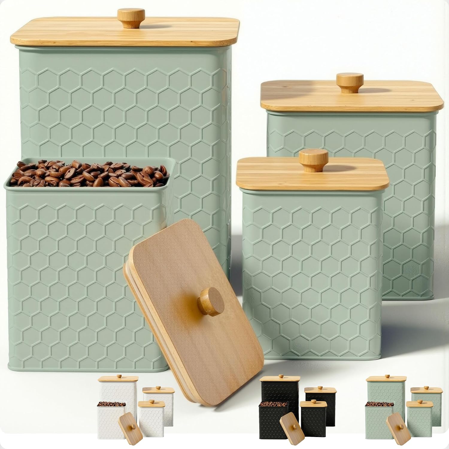 Kitchen Canisters for Countertop, Set of 4, Airtight Bamboo Lids, Sage
