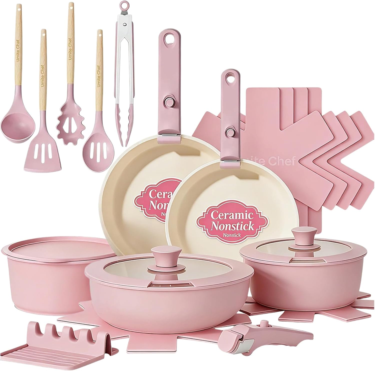 Umite Chef Pink Nonstick Ceramic Cookware Set, 21 Piece