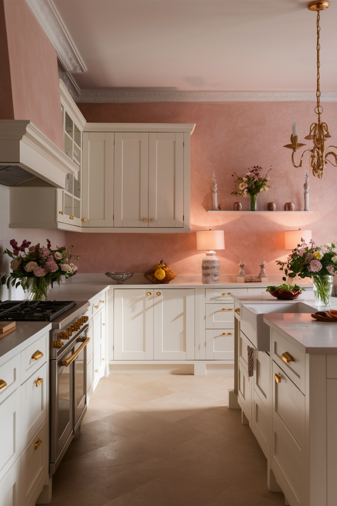 Picturesque kitchen design with soft blush pink walls