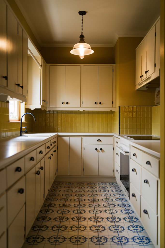 Nostalgic vintage kitchen with muted mustard yellow walls
