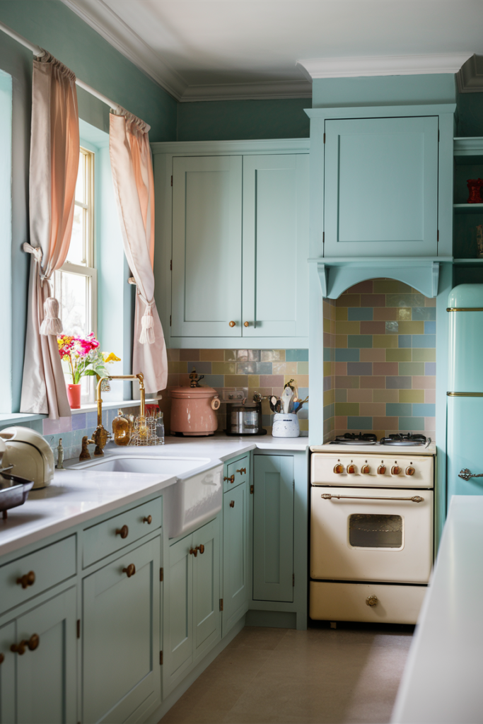 Warm inviting kitchen featuring powder blue walls