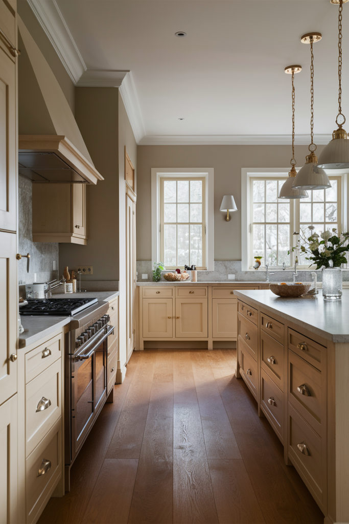 Beautifully designed kitchen with neutral soft taupe walls