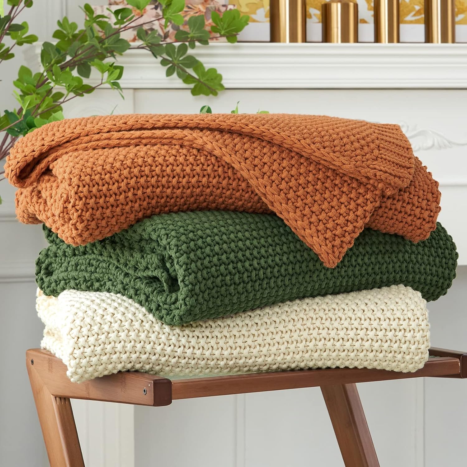 Longhui Chunky Cable Knit Throw Blanket, Lightweight Beige, 100% Organic Cotton